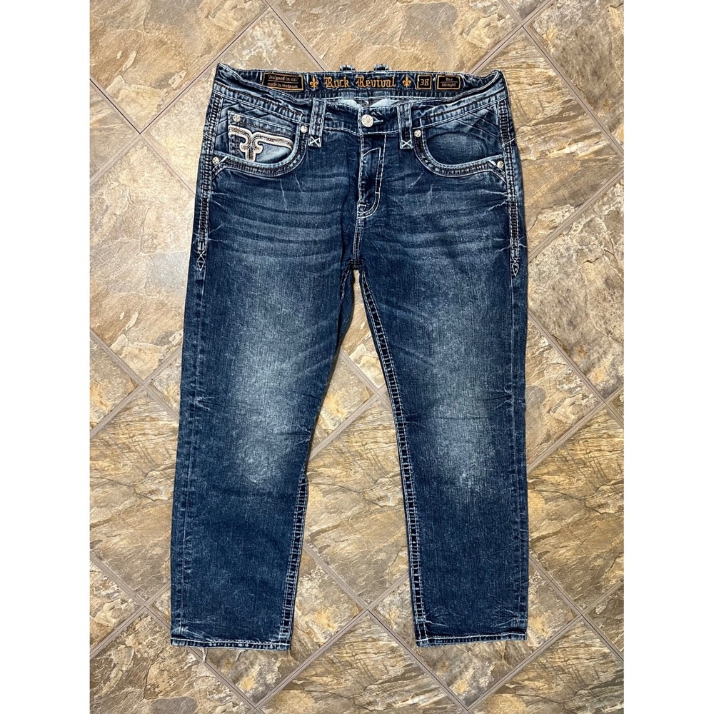 Rock Revival Ece Straight Jeans Men 38 Blue Embellished Dark Wash Denim